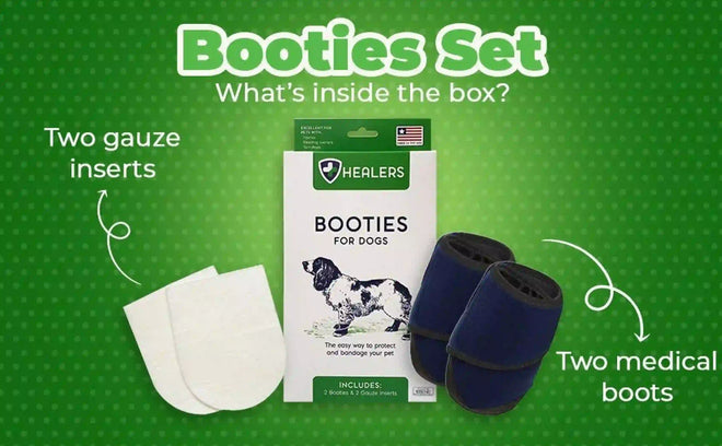 Comparison chart showing benefits of Healers Medical Dog Booties over normal vet bandages for easy and reusable paw care.
