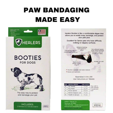 Healers Medical Dog Booties packaging showing front and back views, designed for paw protection and recovery support for injured or senior dogs.