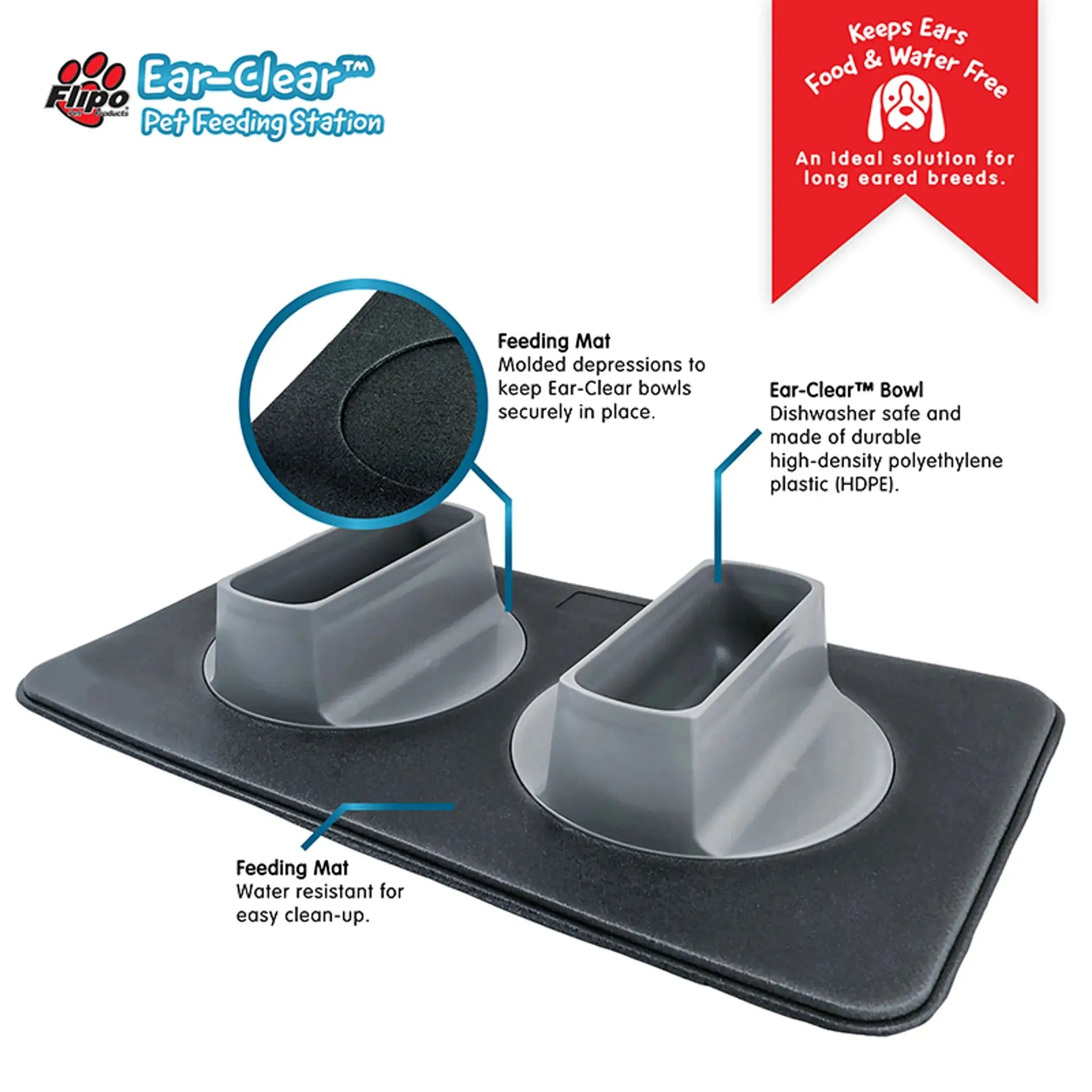 Ear-Clear Pet Feeding Station – Elevated bowls and feeding mat on white background – Dog and cat feeding station – Rosie's Pet Paradise
