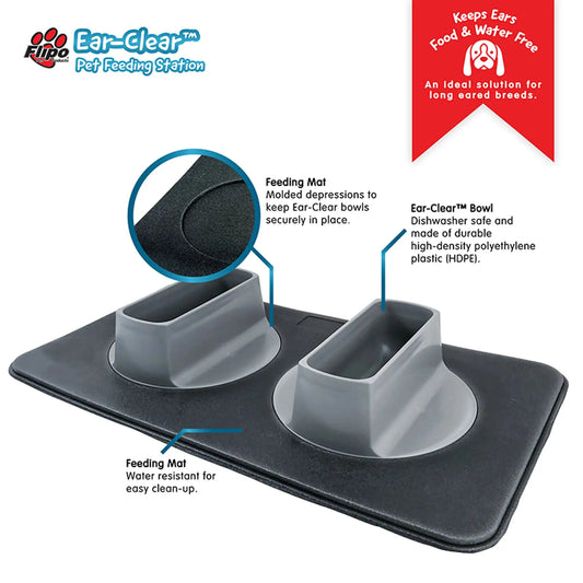 Ear-Clear Pet Feeding Station – Elevated bowls and feeding mat on white background – Dog and cat feeding station – Rosie's Pet Paradise