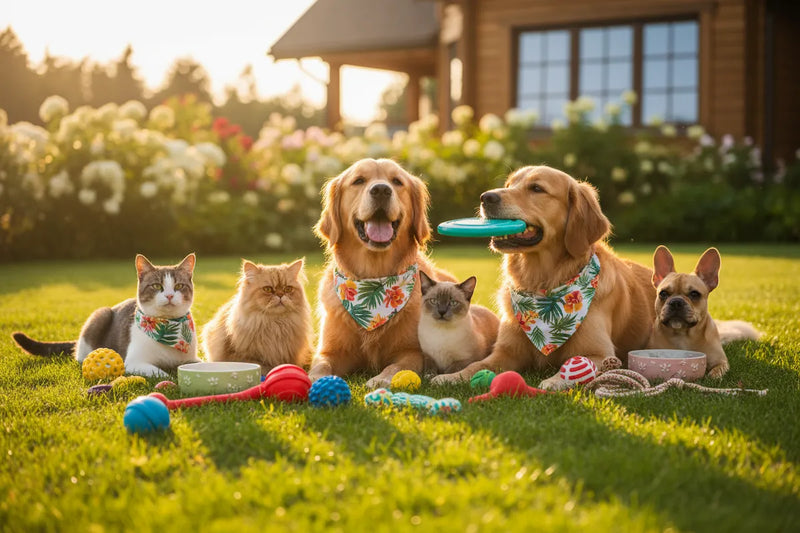 Group of dogs and cats playing together on grass with toys