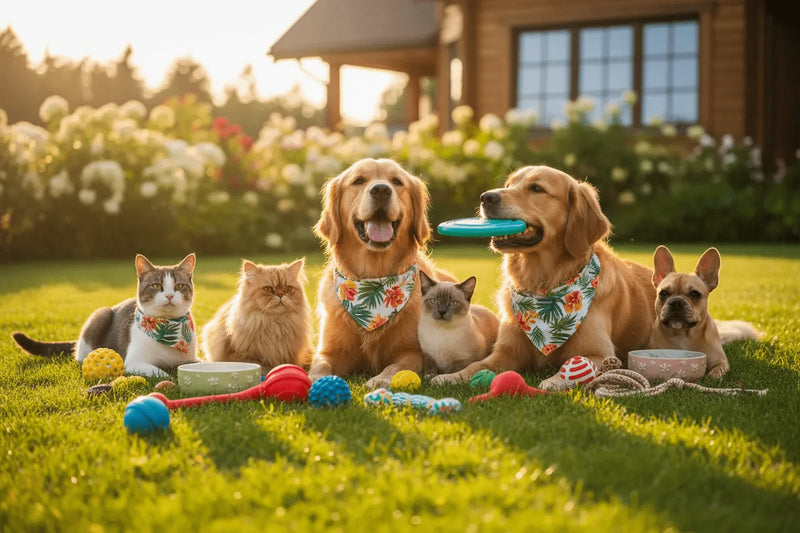 Group of dogs and cats playing together on grass with toys