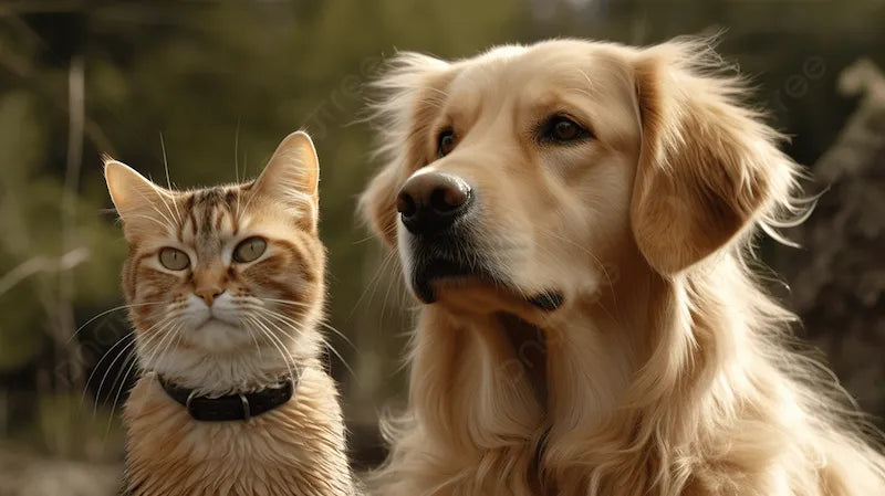 Cat and dog standing close together outdoors with a blurred natural background