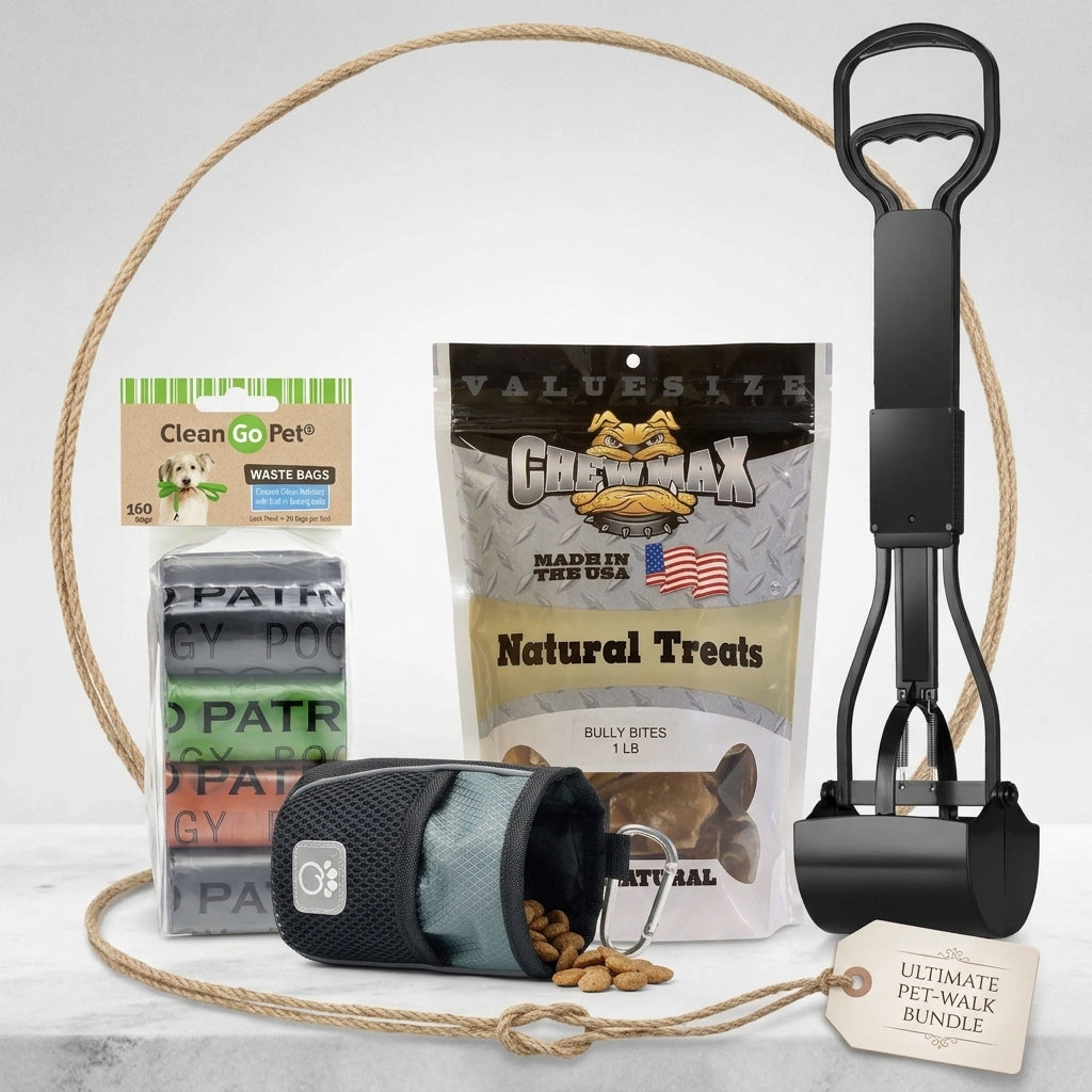 A pet accessory bundle featuring a black automatic pet walker, a bag of Catlix Natural Treats, a pack of PATGY waste bags, a black treat pouch, and a rope leash accessory, all arranged on a light gray background with a marble surface.